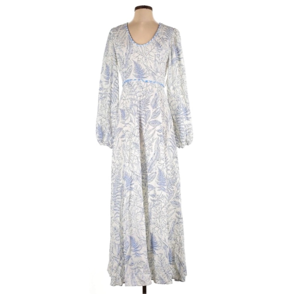 Aura Botanical Floral Balloon Sleeve Linen Maxi‎ Dress Size Large